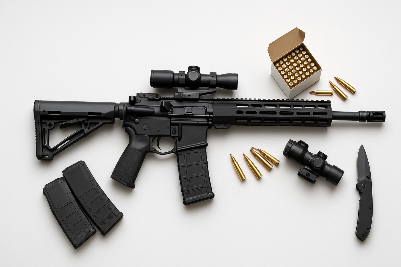 An AR-15 rifle, spare magazines, boxed ammunition, a rifle scope and a folding knife arranged in a bright studio
