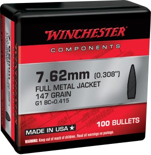 Winchester Ammo WB762M147X Centerfire Rifle Reloading 7.62mm .308 147 gr Full Metal Jacket Boat-Tail (FMJBT)