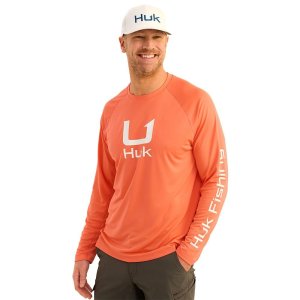 Huk H1200573-821-L Icon Crew Long Sleeve Shirt Fresh Salmon L, 50+ UPF