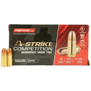 Norma A-Strike Subsonic 9mm Luger 158gr TMJ 50ct 838fps