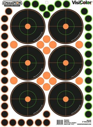 Champion Targets VisiColor 3" Bullseye Self-Adhesive Shooting Range Targets, Orange/Black, 8.5"x11.5", 5-Pack, Model 46135