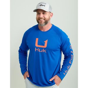 Huk H1200573-460-XXL Icon Crew Long Sleeve Shirt Ocean Blue 2XL, 50+ UPF