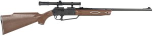 Multi-pump pneumatic rifle with woodgrain stock. Shoots .177 pellets and BBs. Speed: 800 fps.