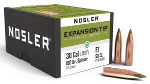 Nosler E-Tip 30 Caliber 180 Grain Boat Tail Lead Free Bullets 59180