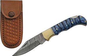 SZCO Rite Edge DM1303BL 3" Blue Wood Damascus Lockback Knife w/Sheath