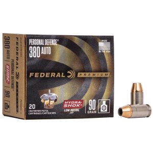 Federal PD380HS1H Premium Personal Defense Low Recoil 380 ACP 90 gr Hydra-Shok Jacketed Hollow Point 20 Per Box/10 Cs