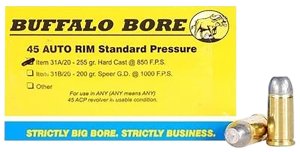 Buffalo Bore 31A20 45 Auto Rim 255gr Hard Cast Flat Nose Ammo 20 Rounds