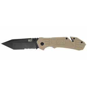 M&P M2.0 FDE Liner Lock Knife, 3.5in 8Cr13MoV Oxide Coated Blade, Lightweight Rubberized Aluminum Handle, Includes Window Punch, Strap Cutter, Pocket Clip, and 360-Degree Sheath