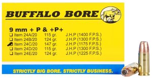 Buffalo Bore 24C20 9mm Luger +P+ 147gr JHP Ammo 20/Box