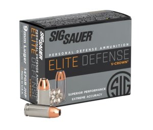 Sig Sauer E9MMA320 Elite Defense 9mm Luger 147 gr 985 fps V-Crown Jacketed Hollow Point (VJHP) 20 Bx/10 Cs