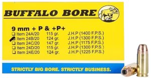 Buffalo Bore 24B20 9mm Luger +P+ 124gr JHP Ammo 20 Rounds