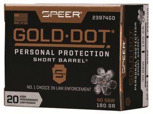 Speer 23974GD Gold Dot 40 S&W 180gr HP Short Barrel Ammo 20 Rounds