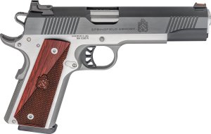 Springfield Armory 1911 Ronin Operator 9mm Two-Tone Pistol: 5" Barrel, Stainless Steel Frame, Carbon Slide, Crossed Cannon Wood Laminate Grip