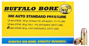 Buffalo Bore 27G20 .380 ACP 90gr JHP 20 Rounds 1025fps 210ft-lbs