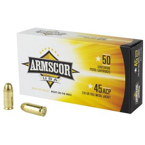 Armscor Precision Inc USA .45 ACP 230 Grain FMJ Brass Cased Pistol Ammo 50 Rounds