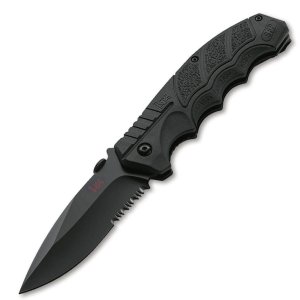 Boker H&K SFP 3.6 In Drop Point 1/2 Serrated Black Poly Handle