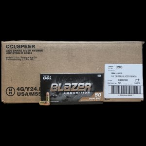 1000 Round Case of Blazer Brass, 9mm 147 Grain, Full Metal Jacket, Brass Cased Ammunition. 950fps. Twenty 50 Round Boxes. (TOTAL 1000 Rounds)