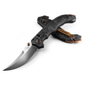 Benchmade MINI BEDLAM, AXS, SCIMITAR BLADE 3.45" CPM-S90V STEEL BLADE MARBLED CARBON FIBER HANDLE