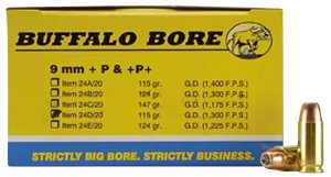 Buffalo Bore 24D20 9mm Luger +P 115gr JHP Ammo 20 Rounds