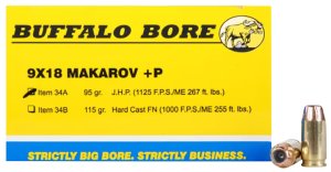 Buffalo Bore 34A20 9x18 Makarov +P 95gr JHP Ammo 20 Rounds