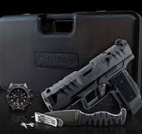Walther, Meister Manufaktur, PDP C SF, 9mm,WPK (Watch Pistol Knife) Collector’s Set, 4 Barrel, Steel Frame, Semi Auto, Pistol, with Resco Manus Chronograph Watch, AmTac Minuteman II Knife, Cufflinks, Money Clip, Leather Case, 3 -18 Rd Mags.