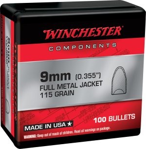 Winchester AMMO Components 9mm FMJ Concave 115 Grain 100 Bullets WB9MC115X