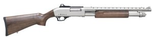 "12GA Pump Shotgun 18.5" Barrel, 39" OAL, Nickel Finish, Walnut Stock, 4+1 Capacity, 3 Chokes, Heat Shield, Picatinny Rail, Adjustable Sight