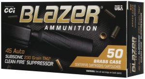 CCI 45 AUTO 230GR TMJ BLAZER BRASS CLEAN-FIRE SUPPRESSOR 50 5230S