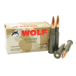 Wolf 76254FMJ148 7.62x54R 148GR FMJ Bimetal Case Ammo 20/Box