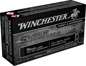 Winchester Ammo SUP9 Super Suppressed Target 9mm Luger Subsonic 147 gr Encapsulated Full Metal Jacket 50 Per Box/ 10 Cs