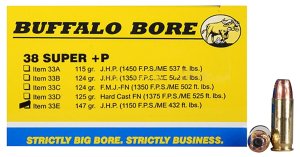 Buffalo Bore 33E20 .38 Super +P 147gr JHP Ammo 20 Rounds