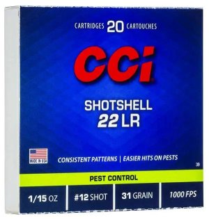 CCI 0039 Pest Control Shotshell 22 LR 31 gr 1000 fps #12 Shot 20 Bx/100 Cs