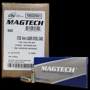 1000 ROUND CASE MAGTECH 9MM 115 GRAIN FMJ, ZINC PLATED STEEL CASING. TWENTY BOXES OF 50 ROUNDS EACH (TOTAL 1000 ROUNDS)