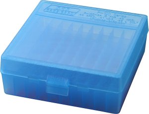 MTM Case-Gard P-100 Original Series Flip Top Handgun Ammo Box .41/.44 Magnum/.45 Long Colt Holds 100 Rounds Clear Blue