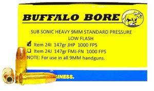 Buffalo Bore 24I20 9mm Luger 147gr JHP Subsonic Ammo 20 Rounds