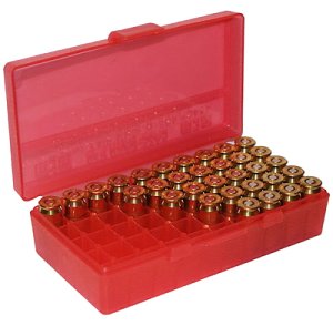MTM P-50 Original Series Flip Top Handgun Ammo Box .38 Special/.357 Magnum Holds 50 Rounds Clear Red