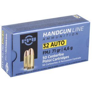PPU PPH32AF .32 ACP 71gr FMJ Brass Ammo 50 Rounds