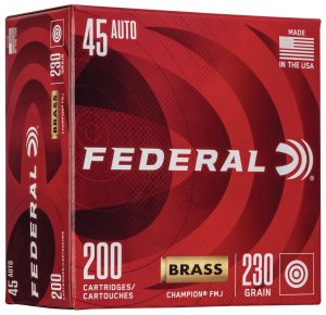 Federal Champion Training .45 Auto, 230gr Full Metal Jacket, Brass Case, 200 Rounds, Reliable Performance