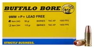 Buffalo Bore 24G20 9mm Luger +P+ 95gr Barnes TAC-XP Lead-Free Ammo 20rd