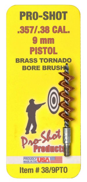 Pro-Shot 389PTO Tornado Bore Brush .38- 9mm Cal Pistol #8-32 Thread Bras...