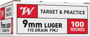 Winchester 9mm Range Pack Ammo FMJ 115 Grain 1190 fps 100 Rounds