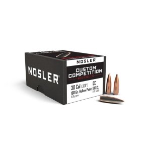 Nosler .30 Caliber 168gr HPBT Custom Competition Rifle Bullet, Aerodynamic Hollow Point, 100ct Pack