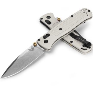 BENCHMADE Bugout AXIS Folding Knife 3.24" S30V Drop Point Blade | Tan Grivory Handles w/ Gold