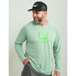Huk H1200573-315-S Icon Crew Long Sleeve Shirt Fog Green S, 50+ UPF, I.C.E.