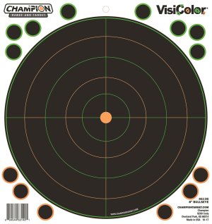 Champion Targets VisiColor 8.5x9" Self-Adhesive Bullseye, Orange/Black, 5-Pack with Pasters, Model 46136