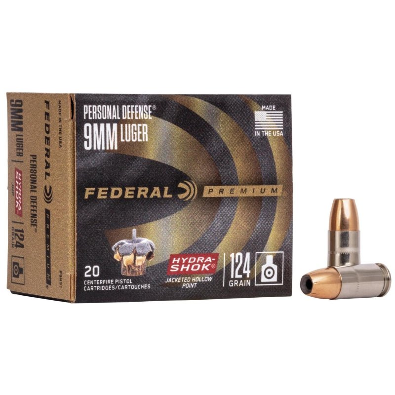 Federal P9HS1 9mm Luger 124 Grain Hydra-Shok JHP 20 Rounds Box