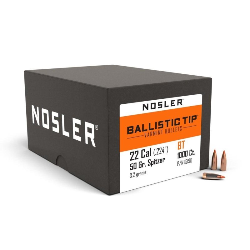 Nosler .22 cal .224, 50gr SBT-SB Ballistic Tip Varmint Bullets, 1000ct, Jacketed, 3.95x7.9x8.6