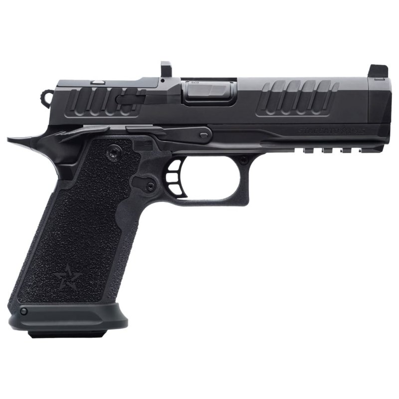 Staccato, HD P4.5 Preferred, 9mm, 4.5 DLC SS Bull Barrel with Sight Block, Optic Ready, Trijicon Tritium Front Sight, Black Rear Sight, Curved Trigger, Ambi Safety, Ambi Slide Release, Magwell, Light Rail, 3 Mags, 18rd