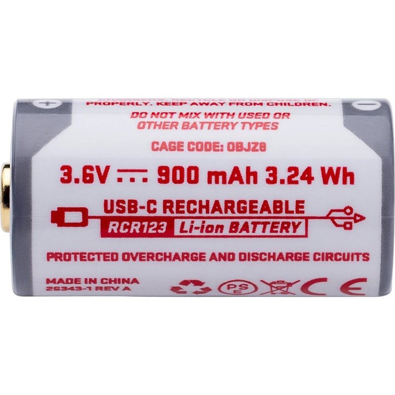 Surefire SFRCR123 RCR123 3.6V Rechargeable USB-C 900mAh Battery