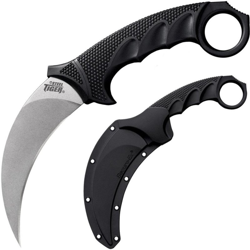 Cold Steel Tiger 4.75" Karambit Knife, Silver AUS 8A Blade, Griv-Ex Handle, Secure-Ex Sheath